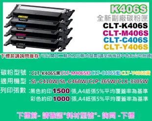 碳粉補給站【附發票】SL-C410W/C460W/CLP-365W/CLX-3305W副廠匣CLT-K406S/M406