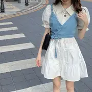 Set: Puff-Sleeve Plain Mini A-Line Dress + Bow-Back Washed Denim Vest Set - White & Light Blue - S