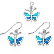 Blue Fire Opal Butterfly .925 Sterling Silver Pendant & Earrings Set