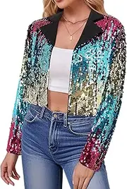 [TYNORA] Women’s Sequin Jackets Long Sleeve Open Front Coat Glitter Short Blazer Casual Coat Party Club