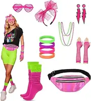 [Xintorch] 80s Accessories for Women 80s Neon Women Socks Holographic Fanny Pack Lace Headband Earrings Fishnet Gloves for 80's Party