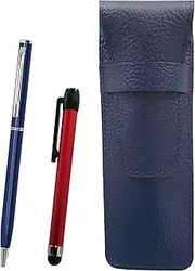 SASL-ALR-PD04-L Grain Leather Pen Case Blue Metal Touch Stick Red and Slim Swivel Ballpoint Pen Set Blue