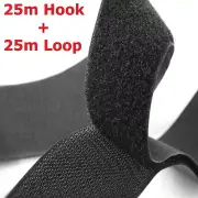 25m x 25mm Sew on HOOK and LOOP tape Non Adhesive Back Fastener Black