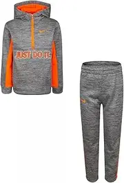 [Nike] Boy`s Therma Hoodie & Jogger Pants 2 Piece Set (Grey Heather(86H202-G9Y)/Orange, 12 Months)