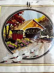 Vintage New Mornarch Horizons Covered Bridge Crewel Embroidery Geese 14" x 14