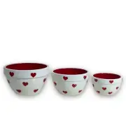 Terramoto Ceramic Nesting Bowls, Red And White With Hearts, Set Of 3