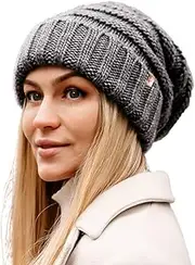[TOP-EX] M/L/XL 100% Wool Slouch Beanie Women's Warm Winter Hat Knitted Hat with Fleece Lining, 95571_Dark Grey (Satin), One Size