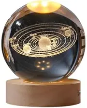 3D Galaxy Crystal Ball Night Light, LED Solar System Crystal Ball Night Light with Wooden Base, Moon Planet Crystal Ball Lamp for Boys Girls Family Friend Christmas Decor Birthday(Solar System, 8CM)