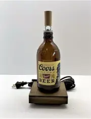 Coors Golden Beer Bottle TABLE LAMP with Wood Base, Desk Accent Light Decor