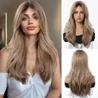 Long Wave Ombre Blonde Wig for Women with Curtain Bangs Natural Synthetic Hai...