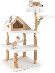 Costway 150cm Tall Solid Wood Cat Tree, Modern Wooden Cat Tower w/ 2 Perches, Condo, Jute Scratching Posts, Sisal Rope, Soft Long Plush, 5-Layer Activity Center, Indoor Cat & Kitten Climbing Furniture