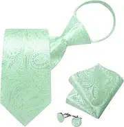 [DiBanGu] Silk Zipper Ties for Men,Woven Paisley/Solid/Plaid Pretied Tie and Pocket Square Cufflinks Set Adjustable