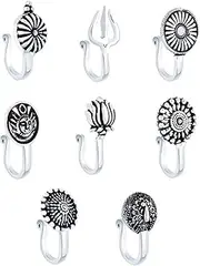 [Yellow Chimes] Antique Silver Oxidized 7 pcs combo set Ethnic Indian Traditional non-piercing Nose pin Jewelry Variation