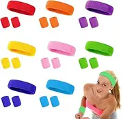 [Shoyisenka] 8 Sets of 80s Neon Sports Headband and Wrist Guard Sets - Unisex Fitness Headband and Sweat Band (8 Colors, Retro Style)
