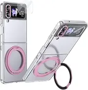 Protective Case Compatible with Samsung Galaxy Z Flip 3 Case with Screen Protector, 360°Rotatable Ring Kickstand, Military Grade Shockproof Translucent Protective Case, Crystal Clear Flip Cover(Pink)