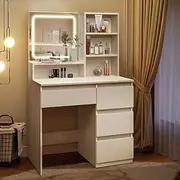 Makeup Table with Mirror Vanity Table with 4 Drawers 3 Shelves Dressing Desk with LED Light White Dresser Modern Bedroom Furniture White