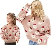 [AWIBMK] Mommy and me Christmas Outfits Santa Claus Sweater Long Sleeve Knitted Tops for Fall Winter Xmas Holiday Clothes