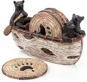 Bear Coasters Set - 6 Full Size Rustic Coasters in Handmade Canoe With Adorable Black Bear Figurines | Log Cabin Decor, Rustic Lodge Decorations for The Home