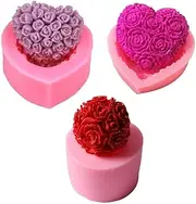 3Pcs/Set 3D Heart & Ball Shaped Rose Candle Molds Small Mini Silicone Rose Flowers Mold for Making Aromatherapy Beeswax Candle Soap Lotion Bar Crayon Wax Melt Polymer Clay Cake Decorating Tool