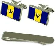 [Select Gifts] Barbados Flag Silver Cufflinks Tie Clip Box Gift Set