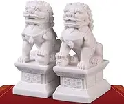 QMZDXH Feng Shui Foo Dog Lion Statue, Pair of Beijing Fu Foo Dogs Stone Guardian Statues White Marble Jade Indoor Placement Feng Shui Decor Figurine Good Luck