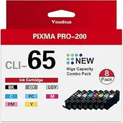 CLI-65 Ink Cartridges for PRO 200 Printer - High Capacity Compatible for PIXMA PRO-200 Printer, 8 Color Pack (1BK, 1C, 1M, 1Y, 1PM, 1PC, 1GY, 1LGY)