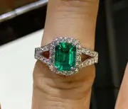 2.40CT Emerald Cut Real Emerald Split Shank Halo Jewelry Ring 14K White Gold FN