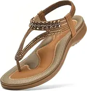 [Littleplum] Women Arch Support Sandals Rhinestone Casual Wear Gladiator Flat Sandals Dressy T-Strap Thong Sandals