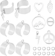 UNICRAFTALE 6 Pieces Gothic Punk Chain Finger Rings Set 17 mm Stainless Steel Open Finger Rings with Mountain Peace Sign Heart Leaf Charm Hip Hop Adjustable Stackable Ankle Ring for Men and Women