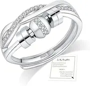 [FUNTE] Sterling Silver Anxiety Rings Fidget Rings for Anxiety Women Adjustable Spinner Rings for Girls Cubic Zirconia Stress Relief Ring Gifts(With Gift Card & Box)