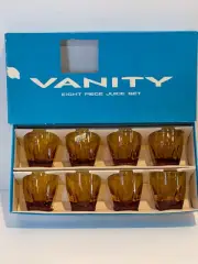 Vintage MCM Colony Vanity 3" Amber Whiskey/ Lowball Glasses Set of 8 Org Box