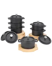 MegaChef 6pc Cast Iron 8oz Mini Dutch Oven With Wood Tray
