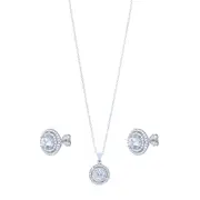Sterling Silver Cubic Zirconia Double Halo Stud Earring and Necklace Set