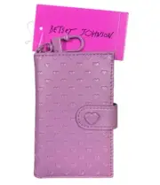 BETSEY JOHNSON Card Case Wallet XOLEAH Embossed Heart Mauve Pink w/ Keychain