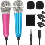 uxcell 2Pcs Mini Microphone, Mic Tiny Microphone with Sponge Cover, Holder and Drawstring Bag Portable for Karaoke Voice Video Recording Singing (Rose Red/Blue)