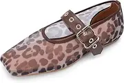 [Odetina] Women's Leopard Mesh Mary Jane Flats Buckle Strap Closed Square Toe Ballet Flats