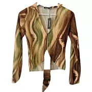 Boohoo Plisse Tie Front Blouse, Long Sleeve Size UK 6 Abstract Print Khaki Green