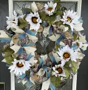 XL PRETTY White Sunflower Fall Floral Deco Mesh Wreath Thanksgiving Home Decor