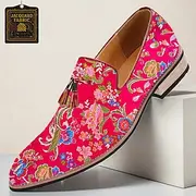 Men's Red Slip-On Loafers with Jacquard Floral Fabric – Tassel Dress Shoes for Parties, Weddings and Fashion Statements