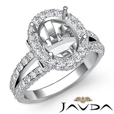 Classic Oval Shape Semi Mount Halo Pave Diamond Engagement Ring 14k Gold 1.4Ctw.