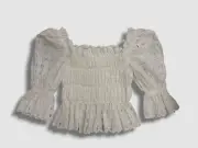 $450 Lug Von Siga Women's White Ruffled Eyelet Squared Blouse Top Size 44