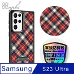 APBS SAMSUNG GALAXY S23 ULTRA 軍規防摔鋁合金鏡頭框立架手機殼-蘇格蘭紋紅