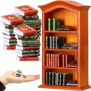 28 Pieces 1: 12 Scale Miniatures Dollhouse Books and Wooden Bookcase 4 Tier Dollhouse Bookshelf Wood Doll Furniture Wood Shelf Cabinet Mini Books Model Dollhouse Decoration Accessories Toy Supplies