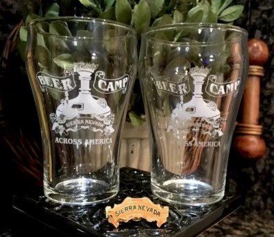 Sierra Nevada BEER CAMP ACROSS AMERICA White Satin Etched Tasters (2) PRISTINE!