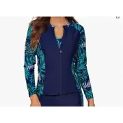 NEW Grace Karin Swim Jacket Rash Guard Zip Front Blue Leaf Print Large JKT ONLY
