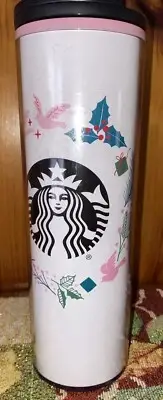 NWT Starbucks Christmas Wreath Mistletoe Doves Tumbler 16 Oz Pink & White
