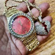 ICED HIP HOP GOLDEN NUGGET RED DIAL METAL WATCH & BROKEN HEART NECKLACE SET