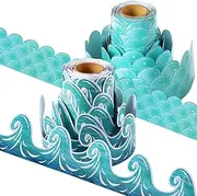 Nezyo 2 Rolls Ocean Waves Bulletin Board Border - 98 Feet Blue Turquoise Scallops Trim Paper - Ocean Beach Classroom Decorations - Under The Sea Theme