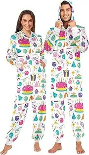 [ZZXXB] Happy Birthday Cake Onesie Pajamas for Adult Women Men Long Sleeves One Piece Onesies Hooded Sleepwear S - XL