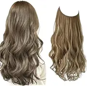 Wire Curly Hair Extension Invisible Wire Synthetic Hairpieces Wavy Natural Hair Fish Line Headband Hair Extensions (18Inch, Ash Brown/Blonde)